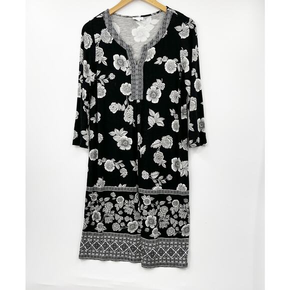 J. Jill Dress Womens Floral V-Neck Pullover 3/4 Sleeve Black White Size S Tall - Picture 1 of 5